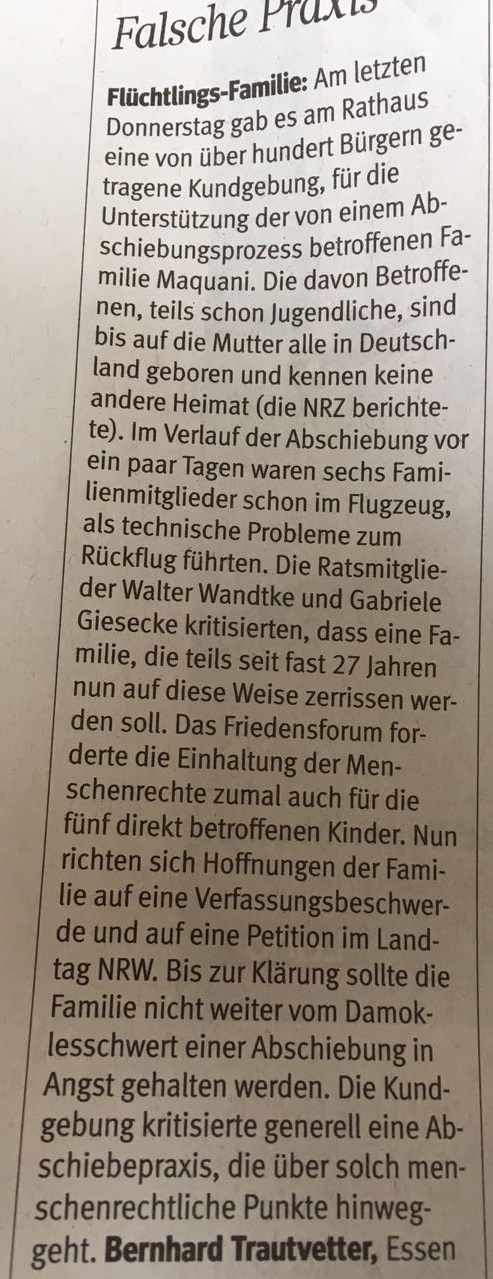 Leserbrief Leserbrief in der WAZ